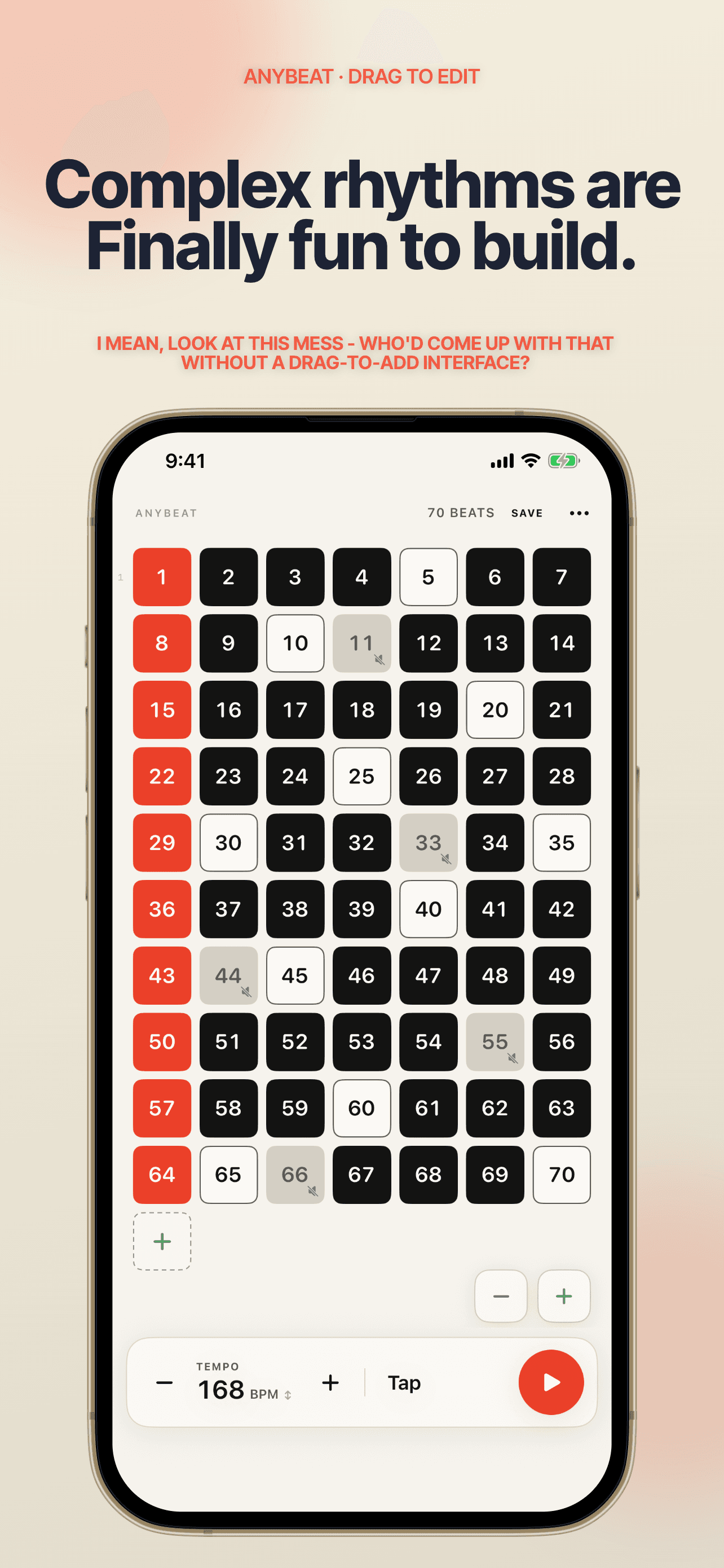 A dense seventy-beat AnyBeat pattern demonstrating drag-to-add editing.