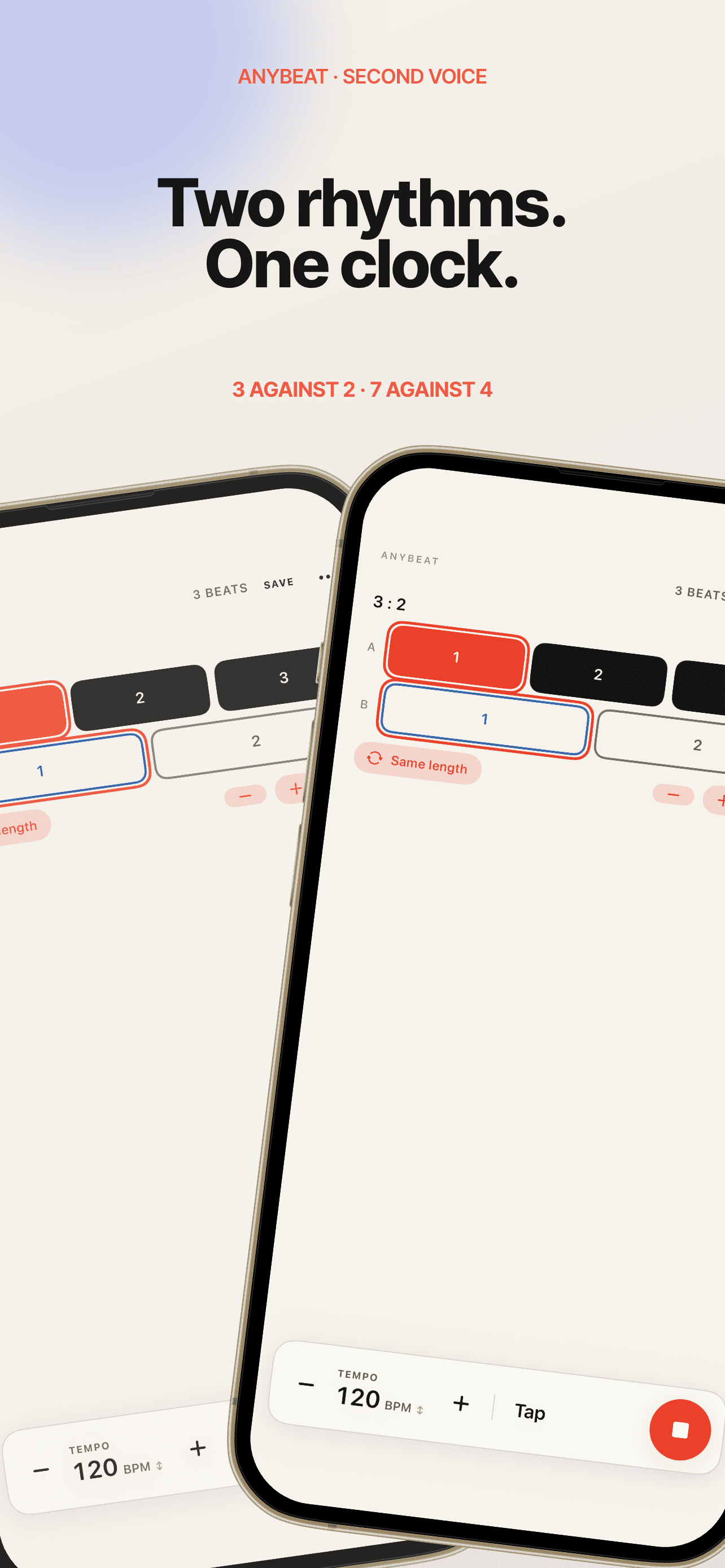 AnyBeat Second Voice showing three pulses against two, locked to one clock.