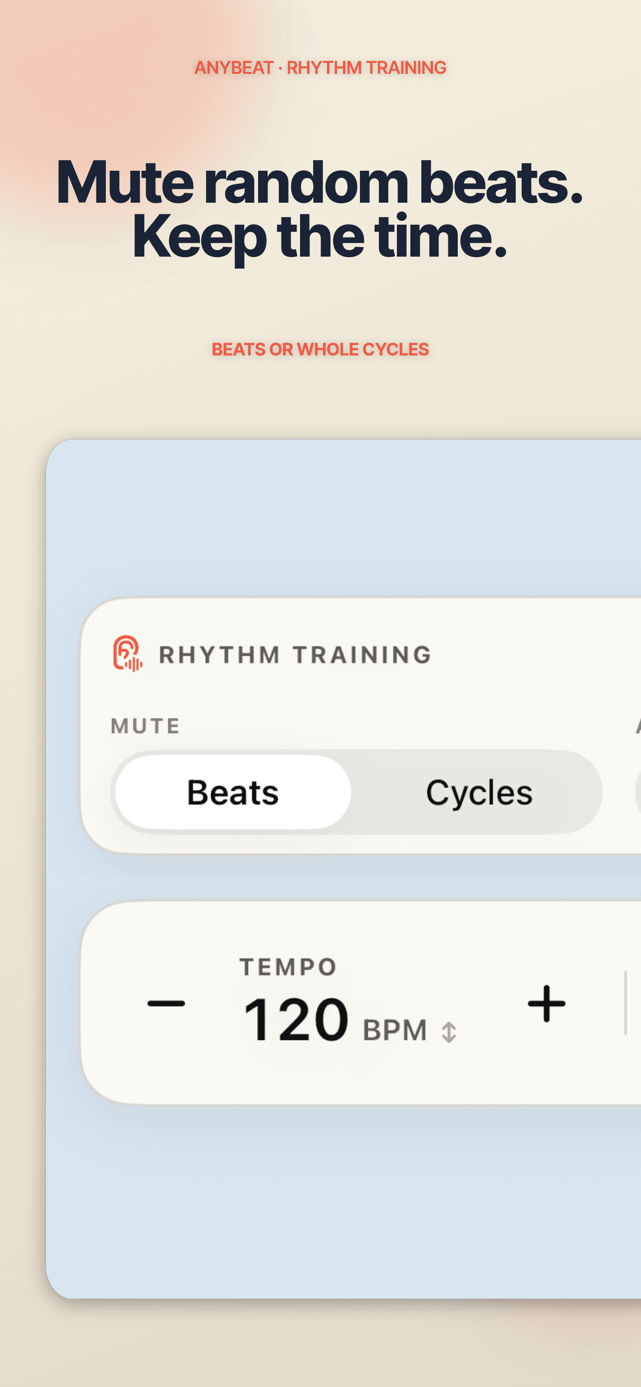 AnyBeat Rhythm Training muting random beats and full cycles.