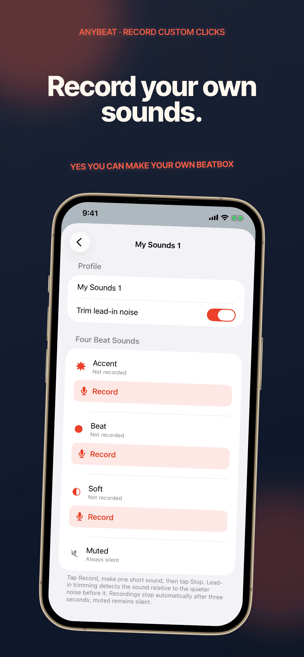 AnyBeat recording custom accent, beat and soft click sounds.