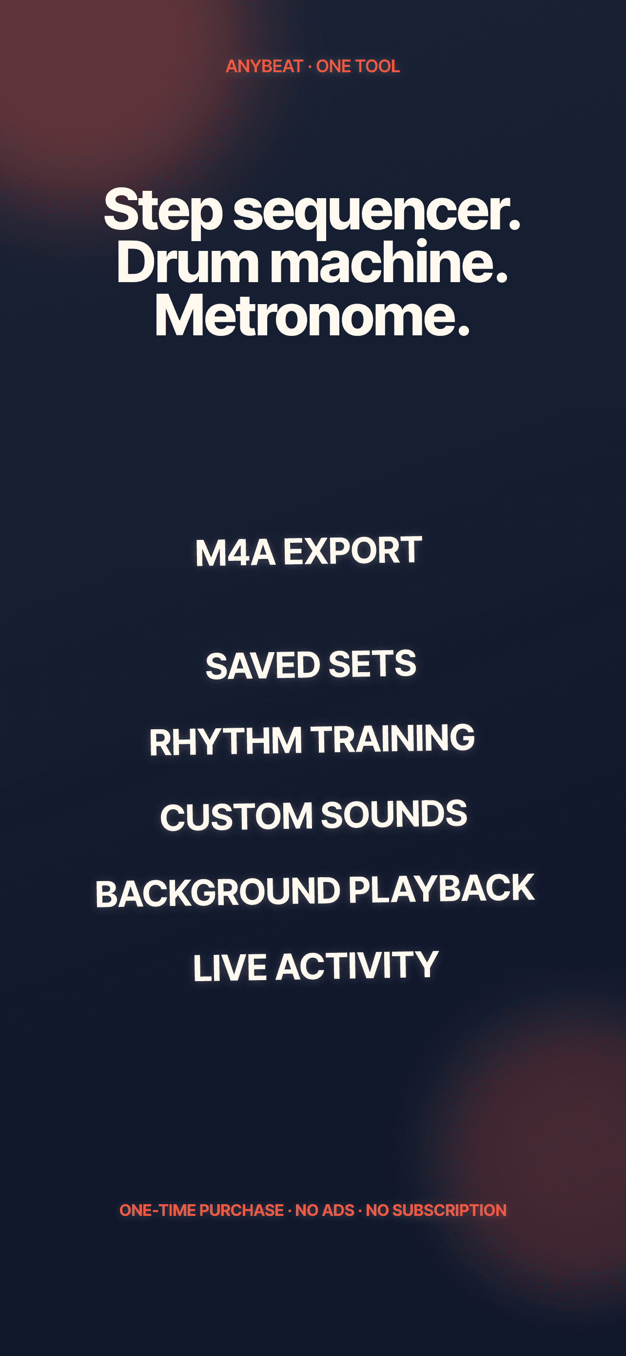AnyBeat feature overview including M4A export, saved sets, rhythm training and custom sounds.